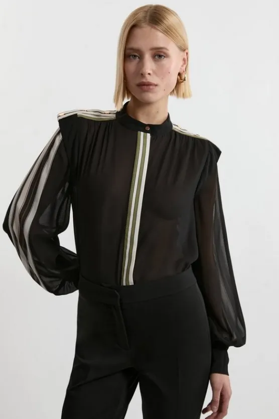 Karen Millen Military Striped Balloon Sleeve Shirt mono Online