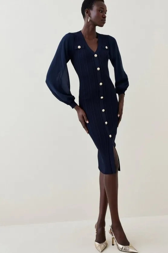 Karen Millen Military Rib Knit Georgette Sleeve Midi Dress navy Best