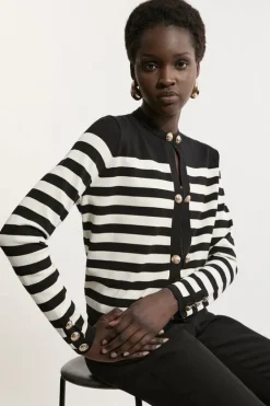 Karen Millen Military Stripe Rib Knit Cardigan black Clearance