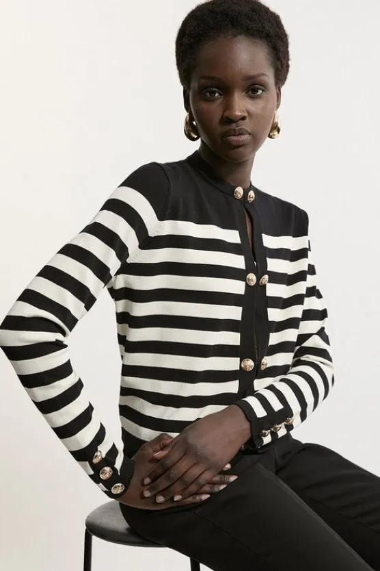 Karen Millen Military Stripe Rib Knit Cardigan black Clearance