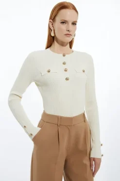 Karen Millen Military Trim Rib Long Sleeve Knit Top cream Sale