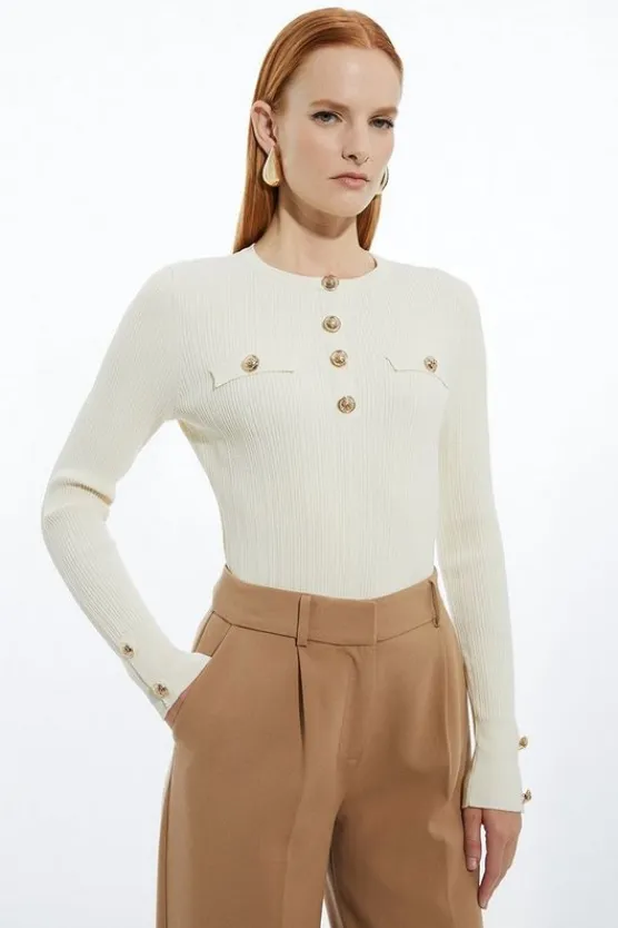 Karen Millen Military Trim Rib Long Sleeve Knit Top cream Sale