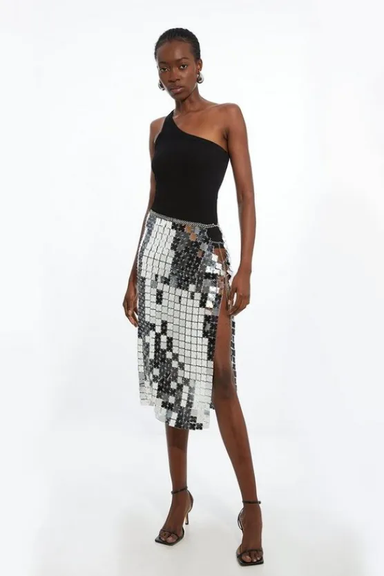 Karen Millen Mirrored Chainmail Wrap Midaxi Skirt pewter Hot