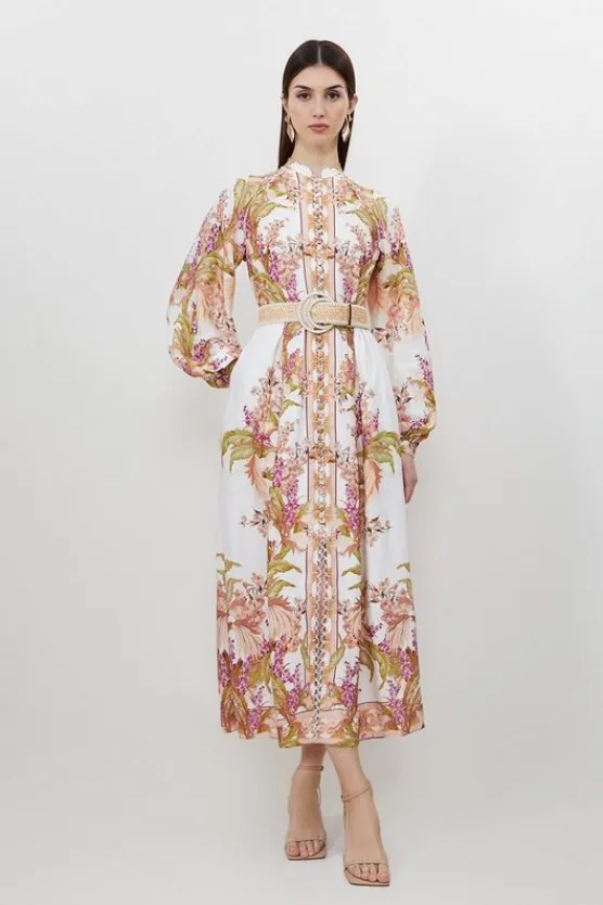 Karen Millen Mirrored Viscose Linen Button Down Midi Dress floral Discount