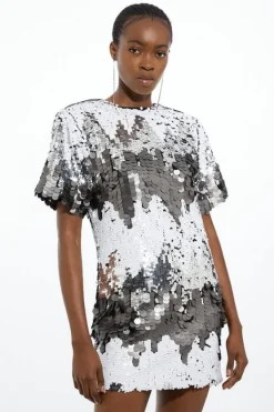 Karen Millen Disc Sequin Woven Mini Dress mono Clearance