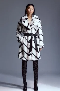Karen Millen Faux Fur Belted Longline Coat mono Sale