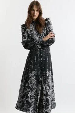 Karen Millen Mono Floral Woven Button Up Maxi Dress black Discount