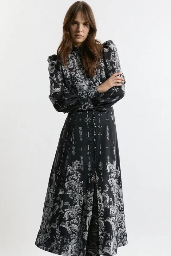 Karen Millen Mono Floral Woven Button Up Maxi Dress black Discount