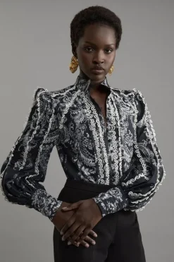Karen Millen Mono Floral Woven High Neck Blouse black Fashion
