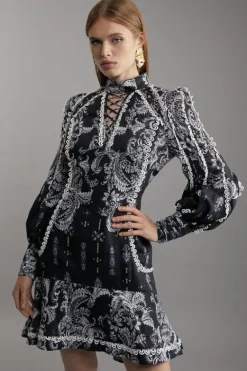Karen Millen Mono Floral Woven High Neck Mini Dress black Online