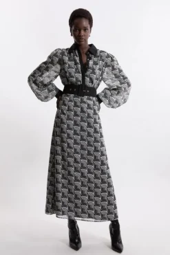 Karen Millen Print Belted Woven Maxi Dress mono Hot