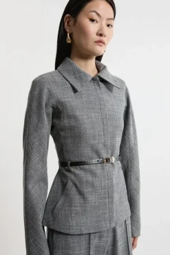 Karen Millen Texture Belted Collared Tailored Jacket mono Hot