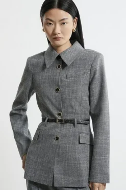 Karen Millen Texture Belted Collared Button Front Tailored Jacket mono Outlet