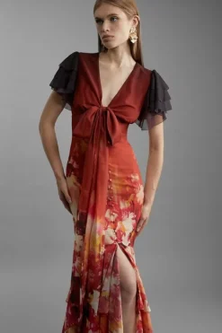 Karen Millen Ombre Floral Ruffle Sleeve Button Through Maxi Dress burntorange Discount
