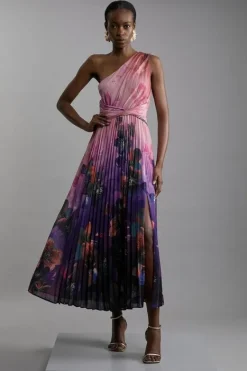 Karen Millen Ombre Floral Soft Pleated One Shoulder Midaxi Dress purple Outlet
