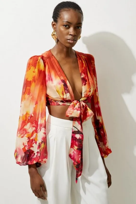 Karen Millen Ombre Floral Woven Crinkle Co-Ord Set burntorange Discount