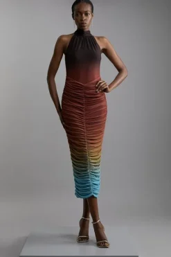 Karen Millen Ombre Jersey Mesh Halter Ruched Midi Dress multi Fashion