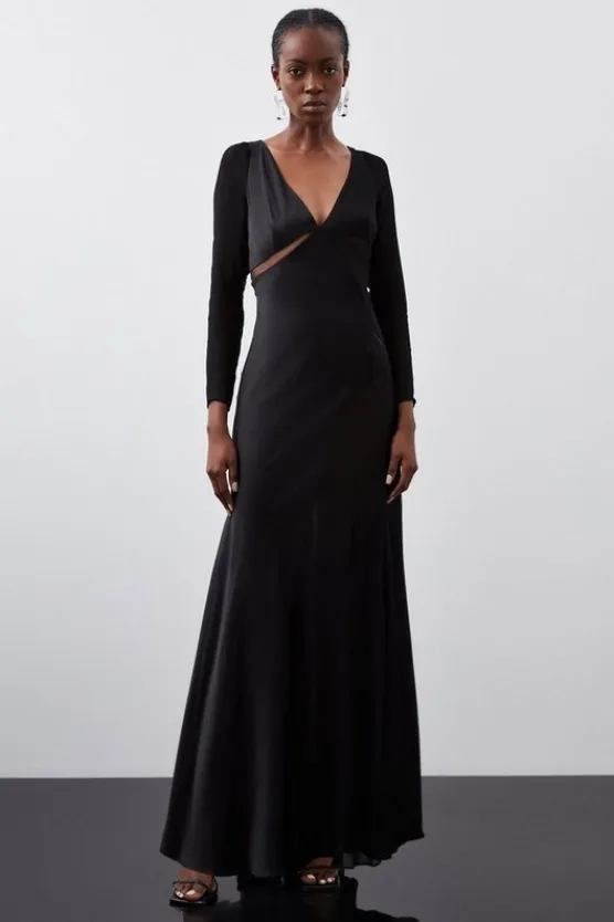 Karen Millen Ooto Sheer Panelled Long Sleeve Woven Maxi Dress black Discount