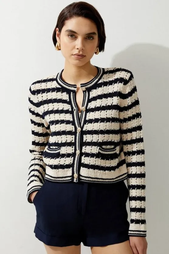 Karen Millen Open Stitch Tape Yarn Short Cardi stripe Outlet