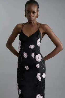 Karen Millen Organdie And Lace Applique Woven Strappy Maxi Dress black Clearance