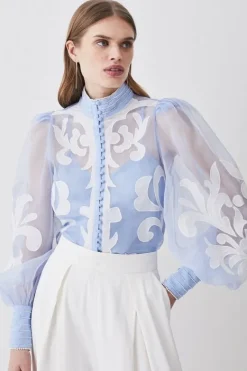 Karen Millen Organdie Applique Buttoned Woven Blouse blue New
