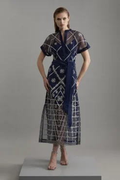 Karen Millen Organdie Crystal Embellished Tie Waist Woven Maxi Dress navy Outlet