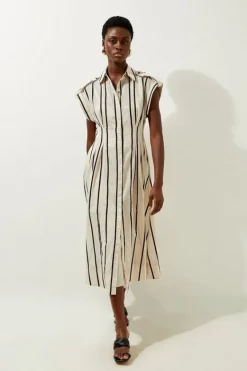 Karen Millen Organdie Stripe Woven Belted Shirt Dress mono Hot