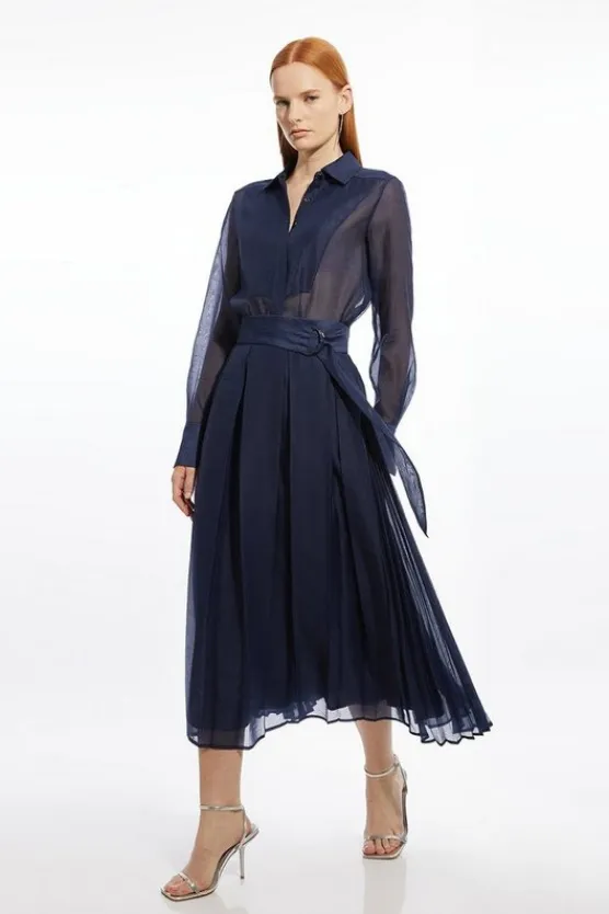 Karen Millen Organdie Pleated Woven Midi Skirt navy Fashion
