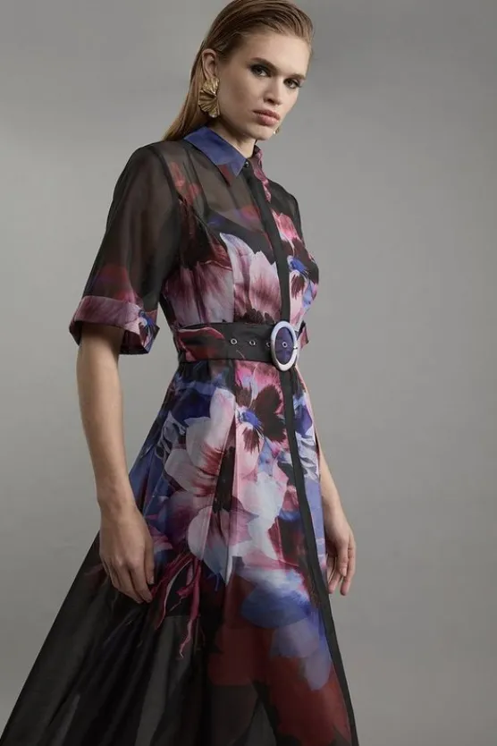Karen Millen Organdie Printed Shirt Midaxi Dress floral Clearance