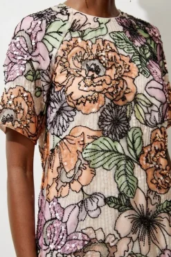 Karen Millen Organdie Sequin & Beaded Short Sleeve Woven Dress multi New