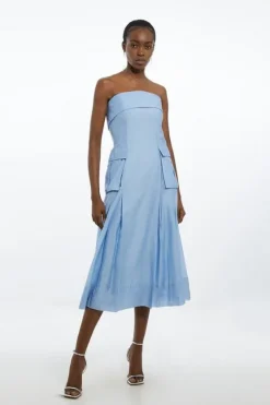 Karen Millen Organdie Slub Utility Detail Bandeau Woven Maxi Dress paleblue Sale