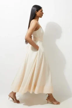 Karen Millen Organdie Split Woven Prom Strappy Maxi Dress nude New