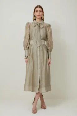 Karen Millen Organdie Woven Pussybow Midaxi Dress champagne Sale