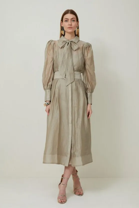 Karen Millen Organdie Woven Pussybow Midaxi Dress champagne Sale
