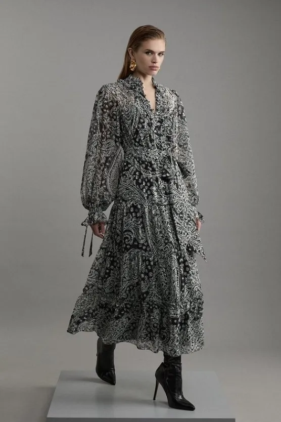 Karen Millen Paisley Crinkle Pleat Georgette Woven Midi Dress mono Clearance