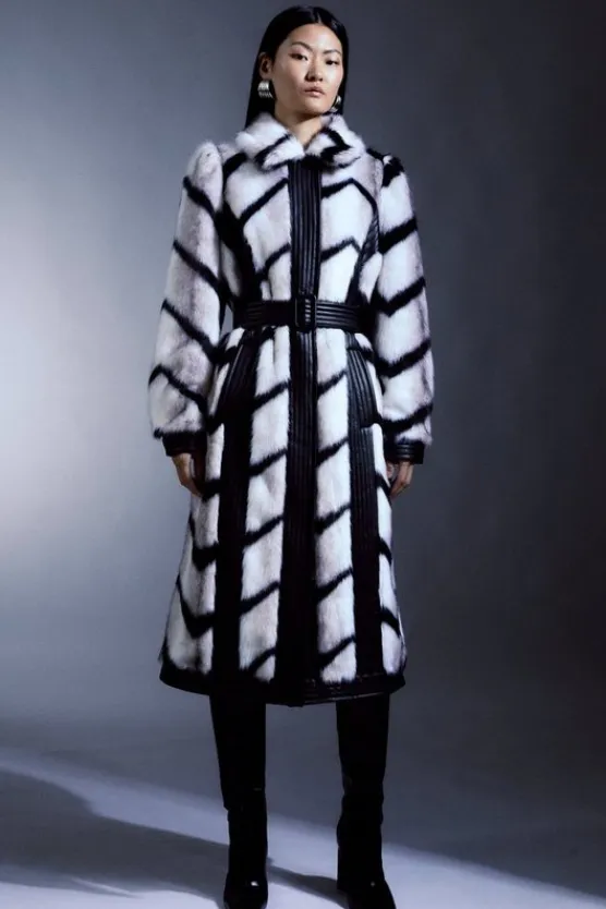 Karen Millen Panelled Stripe Faux Fur Pu Belted Long Coat mono Best