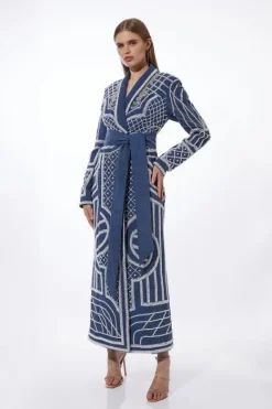 Karen Millen Pearl Embellished Woven Maxi Blazer Dress denim Fashion