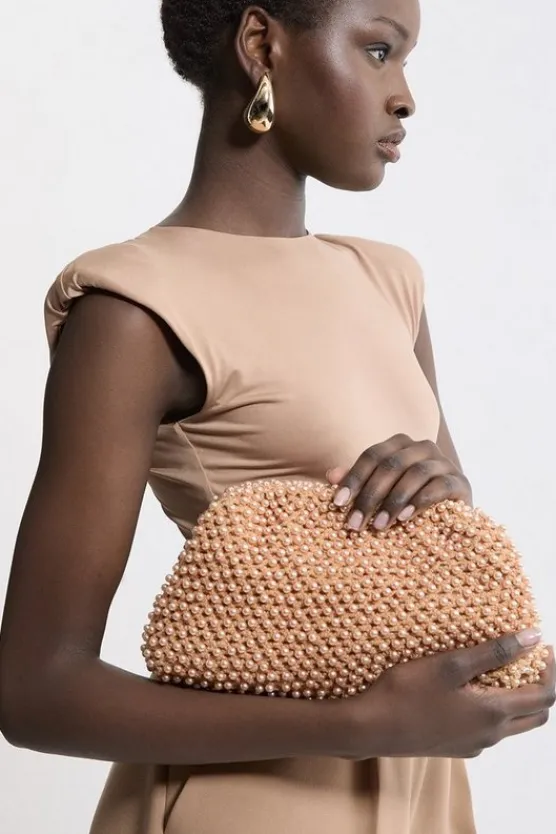 Karen Millen Pearl Slouchy Clutch Bag camel Outlet