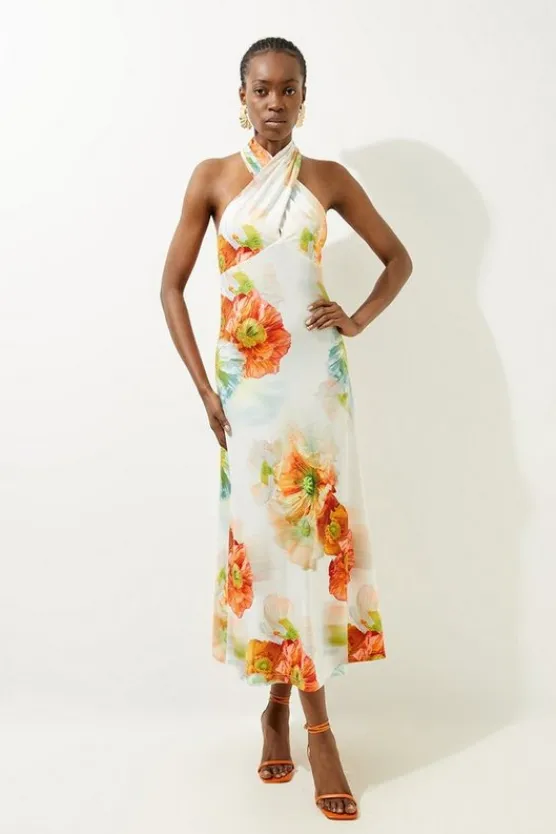 Karen Millen Petite Abstract Printed Jersey Crepe Twist Neckline Maxi Dress floral Discount