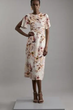 Karen Millen Petite Abstract Floral Satin Crepe Woven Midi Dress pink Online
