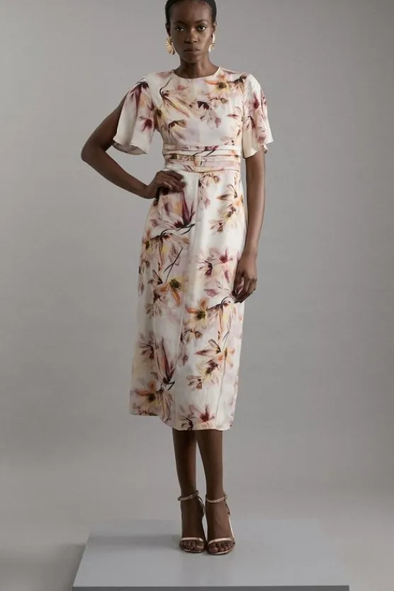 Karen Millen Petite Abstract Floral Satin Crepe Woven Midi Dress pink Online
