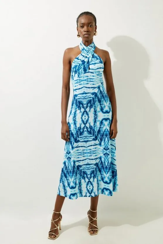 Karen Millen Petite Abstract Geo Print Knot Neck Jersey Midi Dress blue Best