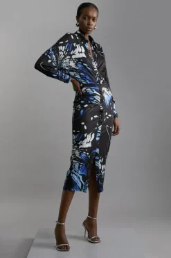 Karen Millen Petite Abstract Swirl Printed Jersey Crepe Maxi Shirt Dress navy Discount