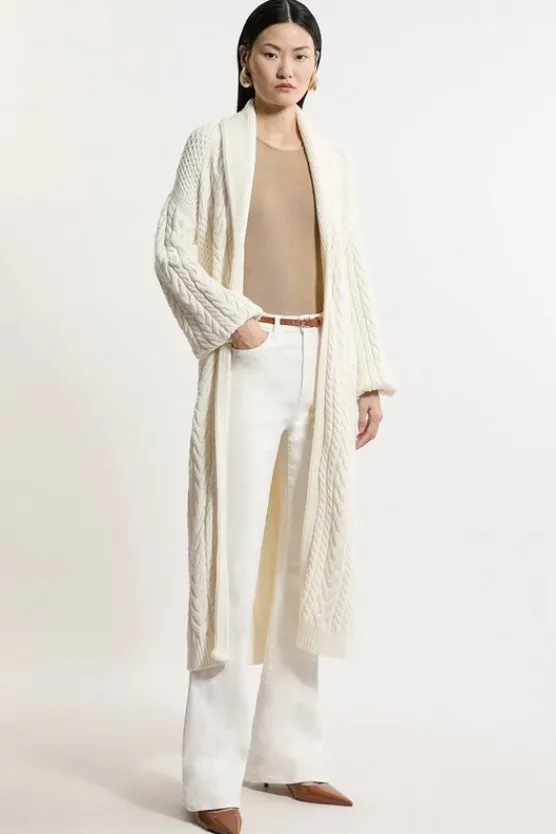 Karen Millen Petite All Over Cable Knit Shawl Collar Longline Belted Coatigan ivory New
