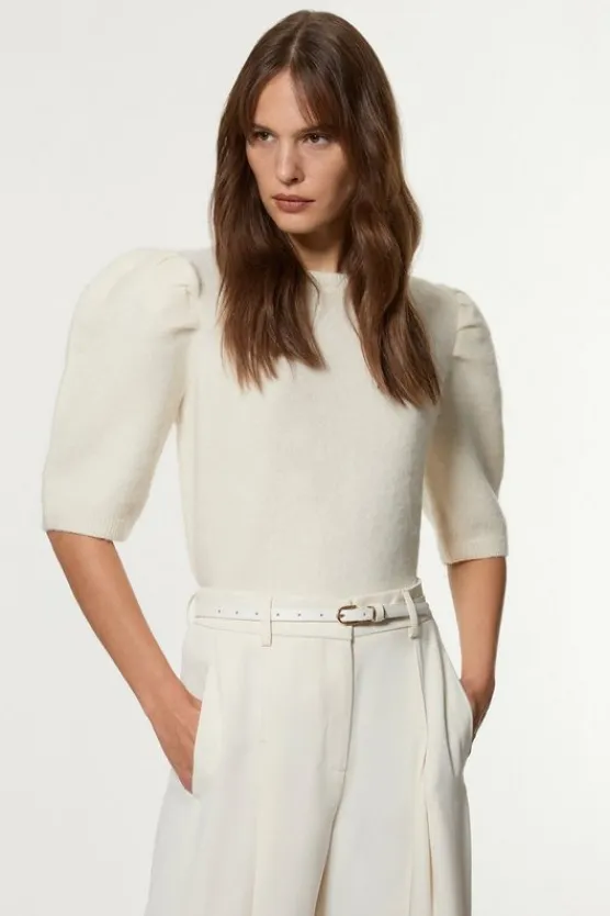 Karen Millen Petite Alpaca Wool Fluffy Knit Crew Neck Top ivory Hot
