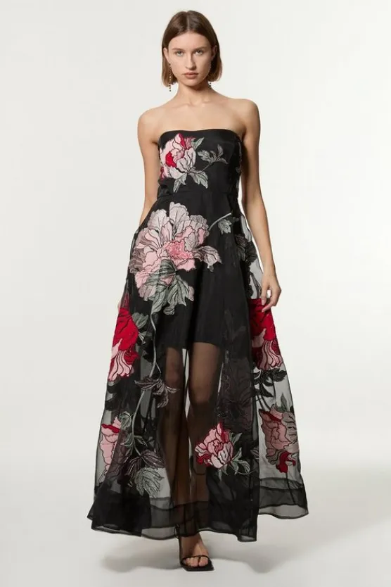 Karen Millen Petite Applique And Embroidered Organdie Woven Midaxi Bandeau Dress With Beading floral Best