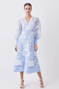 Karen Millen Petite Applique Organdie Buttoned Woven Midi Dress blue Discount