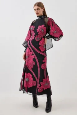 Karen Millen Petite Applique Organdie Floral Graphic Woven Maxi Dress black New