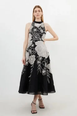 Karen Millen Petite Applique Organdie Halter Woven Maxi Dress mono New