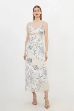 Karen Millen Petite Applique Organdie Satin Woven Midi Dress blush New